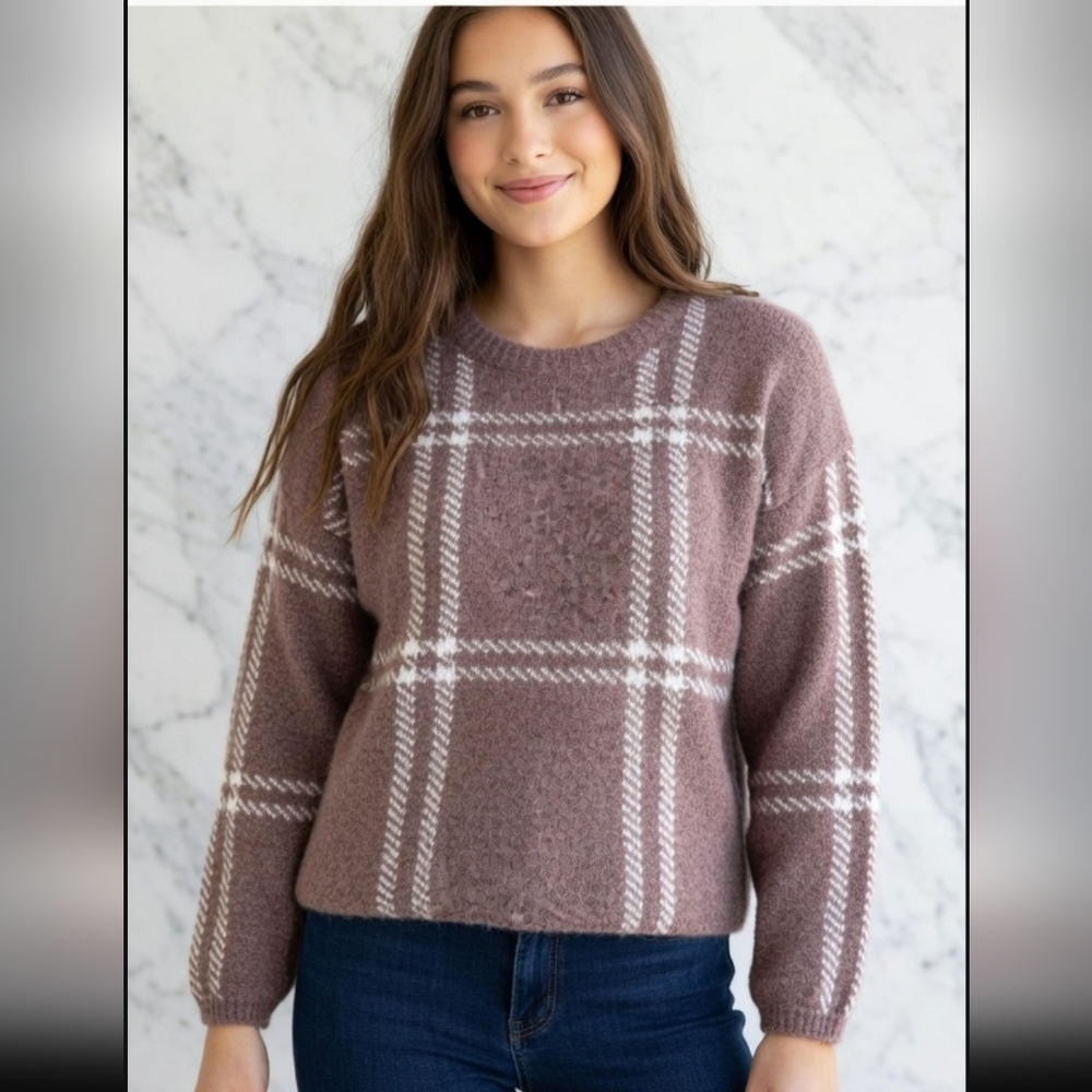 Z Supply Women's Purple Plaid Crewneck Sweater (SIZE:SMALL)